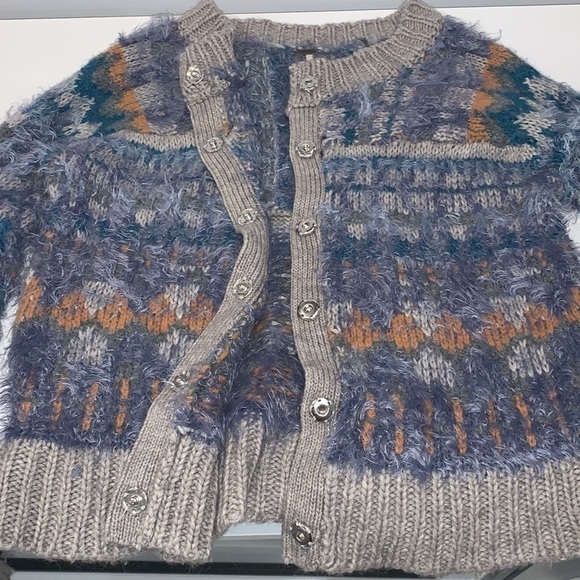 FREE People Blue Wool Alpaca Nordic Party Fuzzy Cardigan Size Medium - Picture 7 of 12